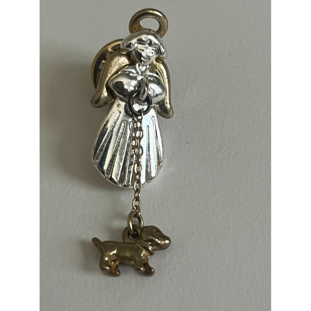 Vintage Two Tone Angel with Dangling‎ Dog Charm Lapel Pin Mixed Metal 1 1/2"